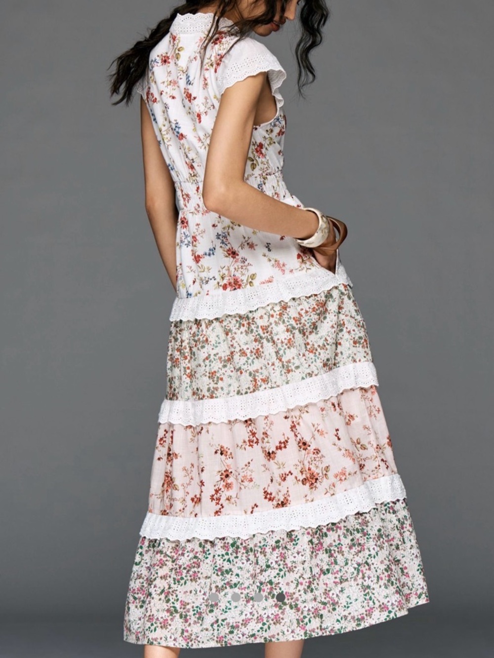 Anthropologie White Floral Tiered Midi Dress - Picture 3 of 14
